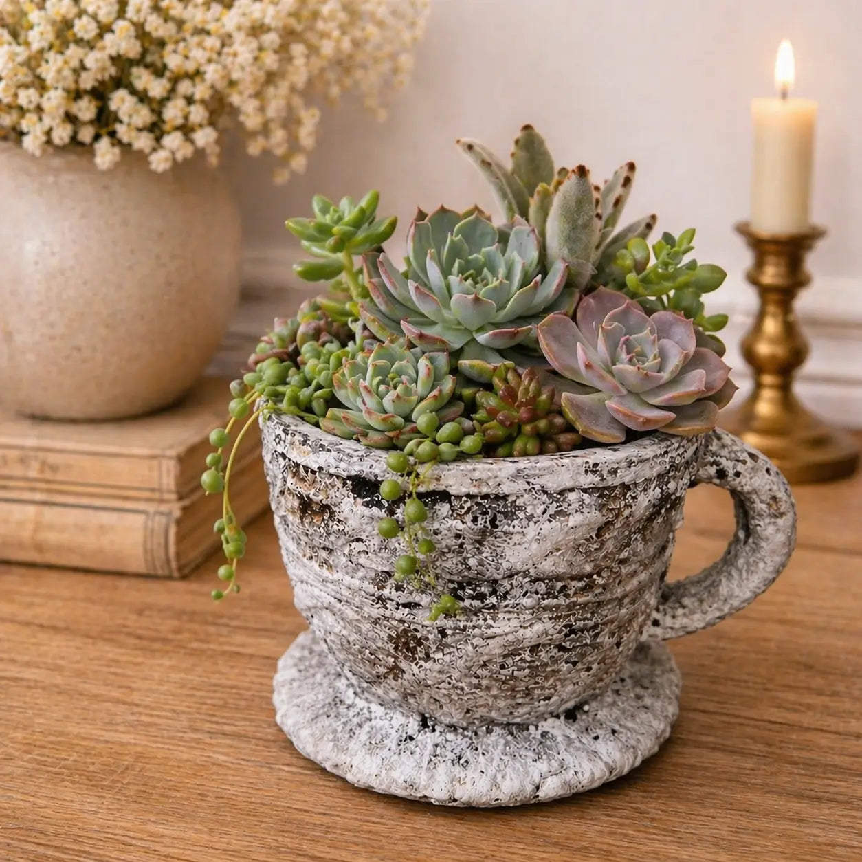 Cement Rustic Teacup Planter with Saucer – Textured Cottagecore Succulent Pot