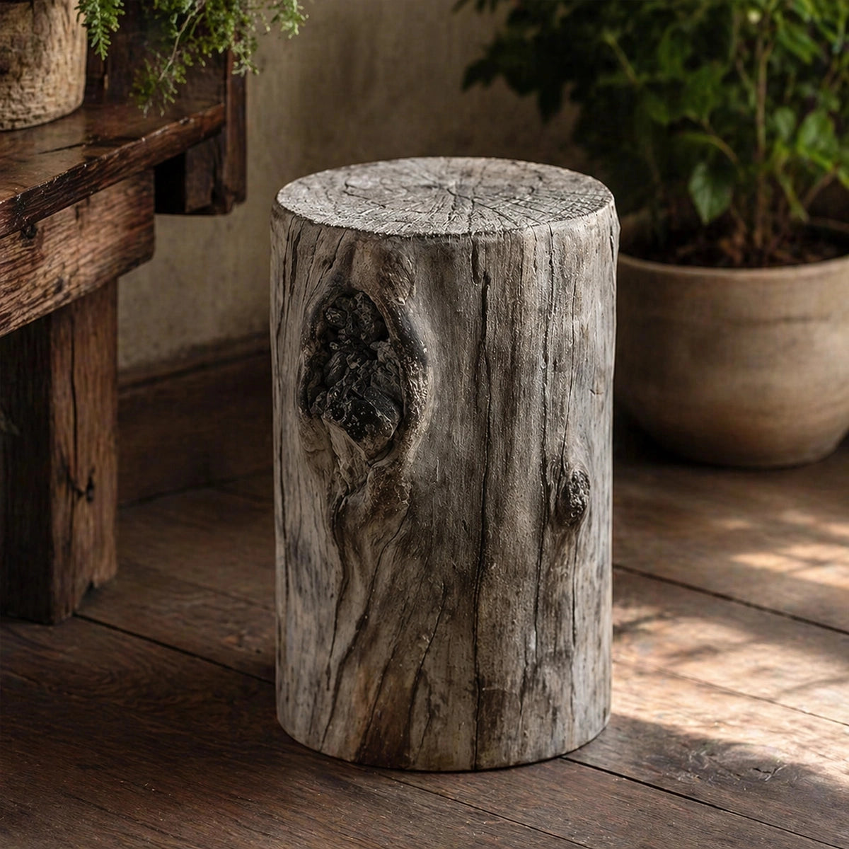 Distressed Cement Log Display Riser – Faux Wood Grain Plant Stand
