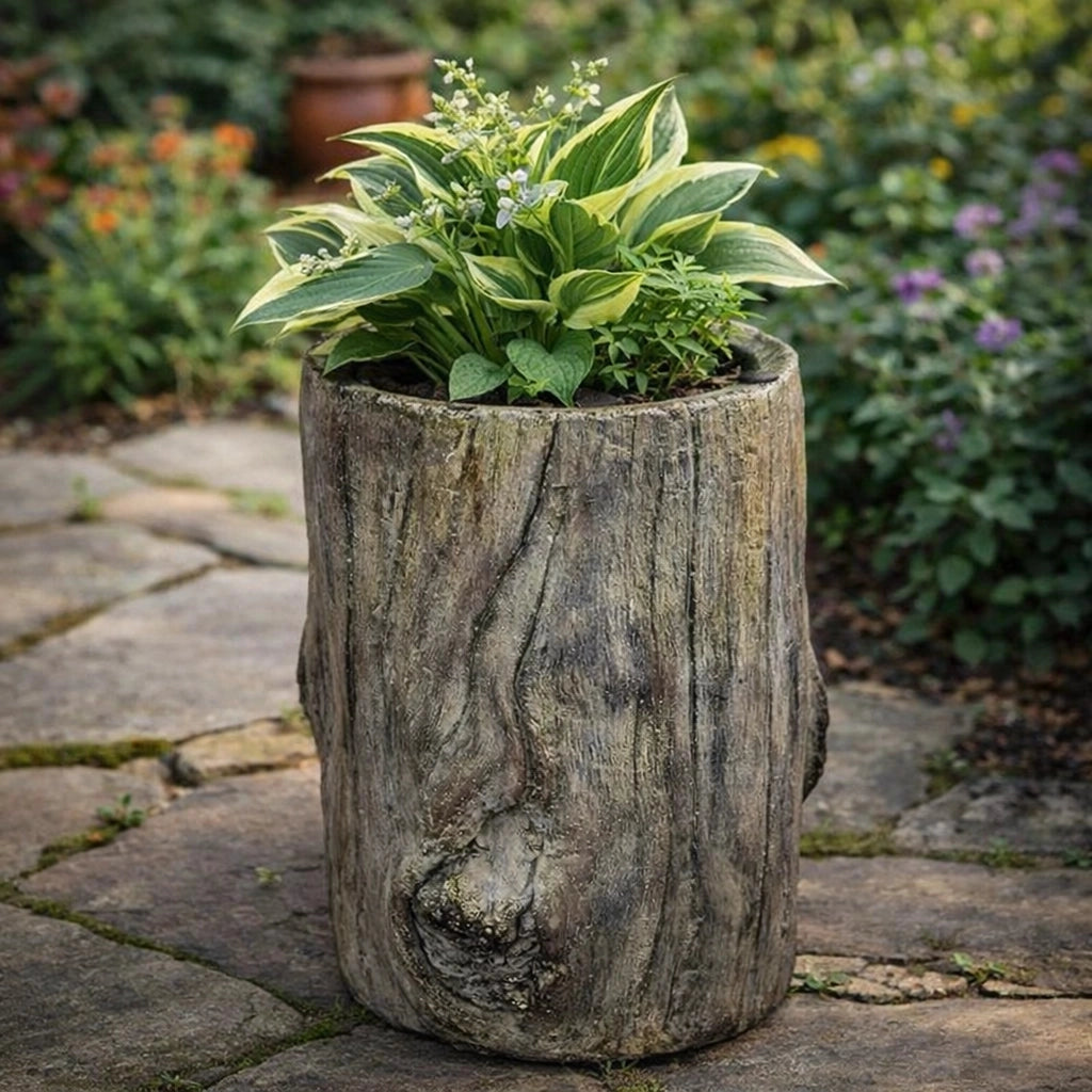 Distressed Cement Log Display Riser – Faux Wood Grain Plant Stand