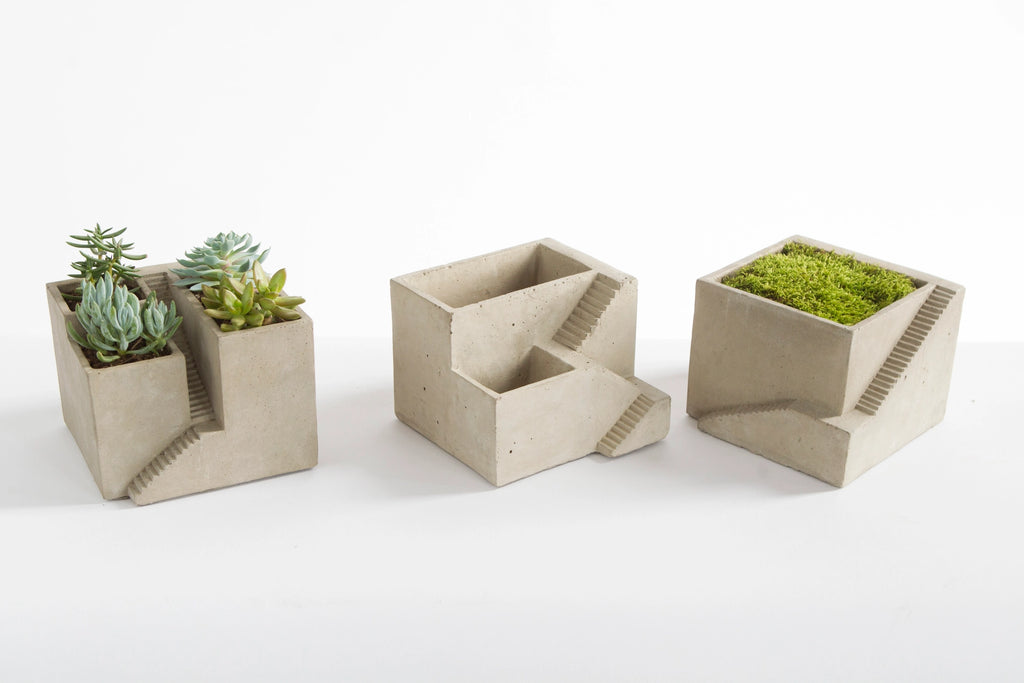 Cement Architectural Cube Planter III – Brutalist Staircase Succulent Pot
