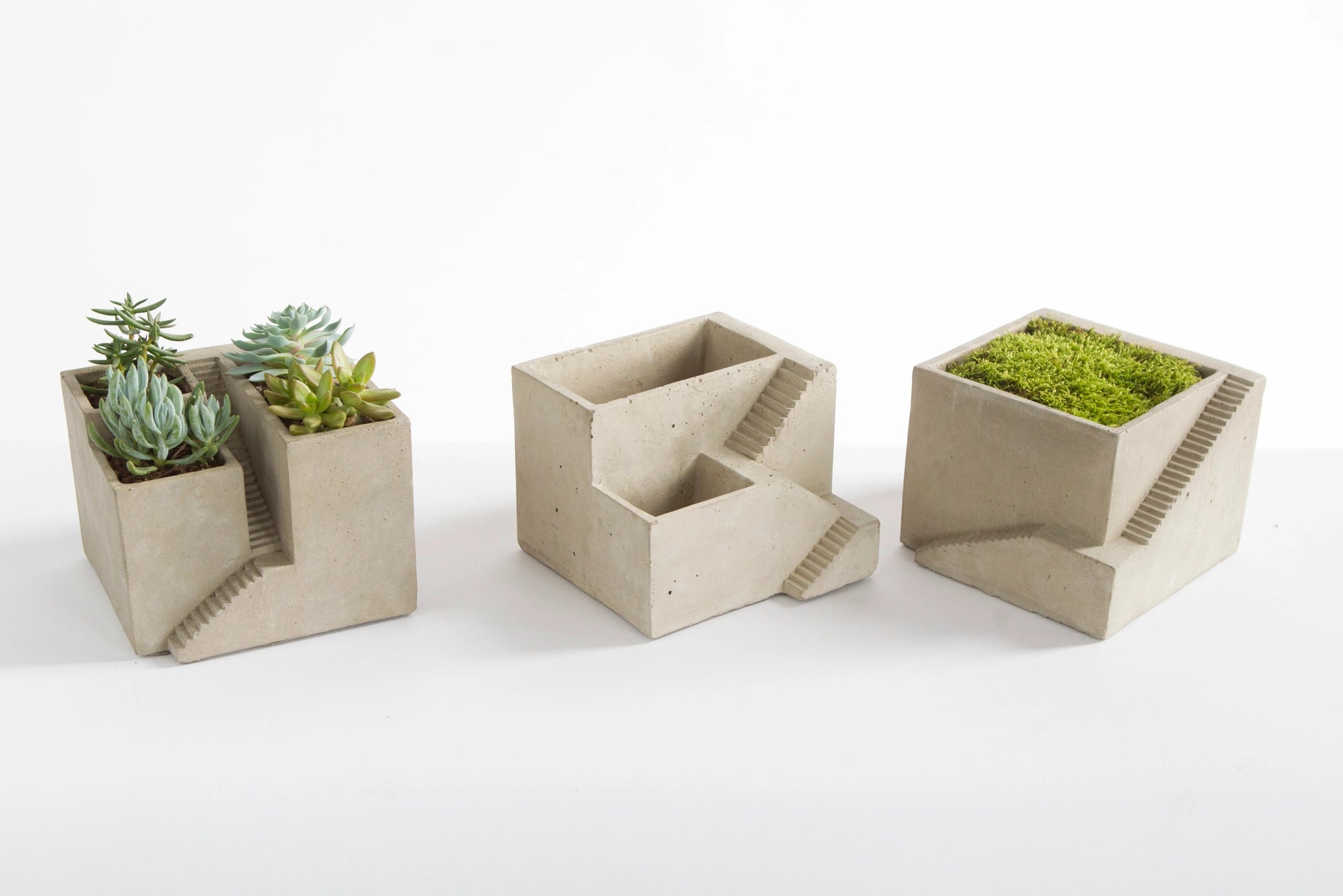 Cement Architectural Cube Planter III – Brutalist Staircase Succulent Pot