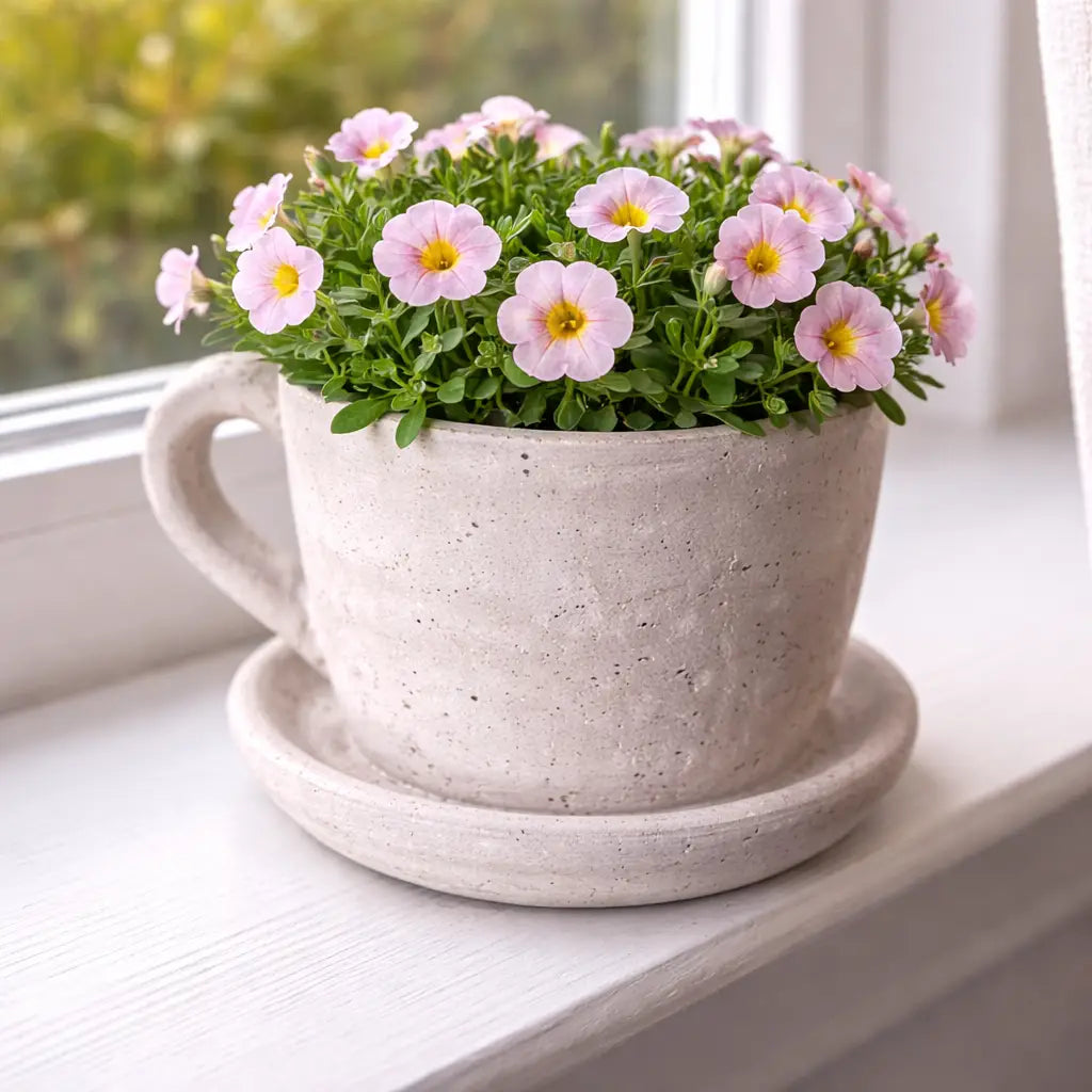 Large Cement Teacup Planter with Saucer – Cottagecore Succulent & Flower Pot