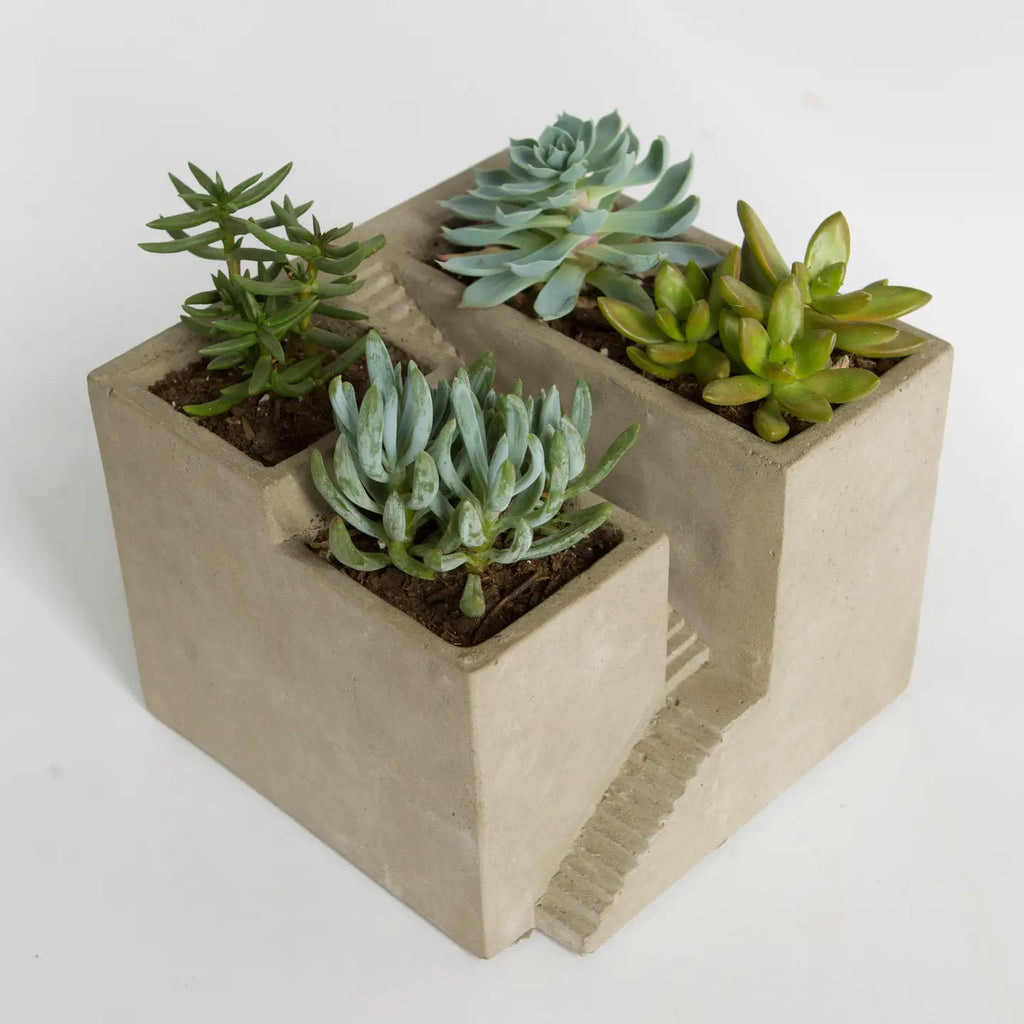 Cement Architectural Cube Planter III – Brutalist Staircase Succulent Pot