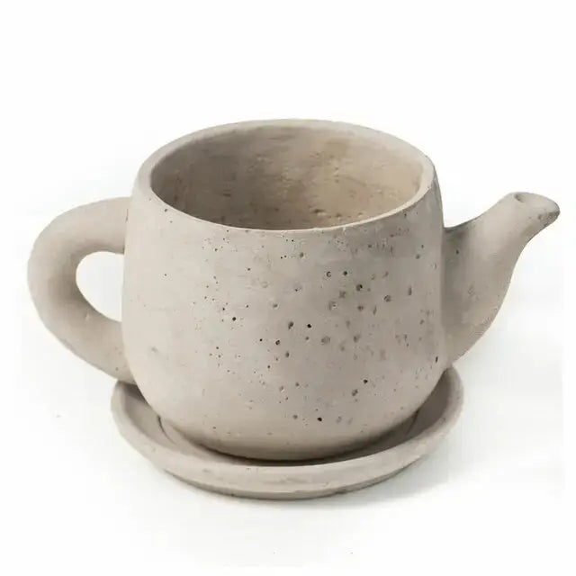 Concrete Teapot Planter with Saucer – Cement Succulent & Herb Pot
