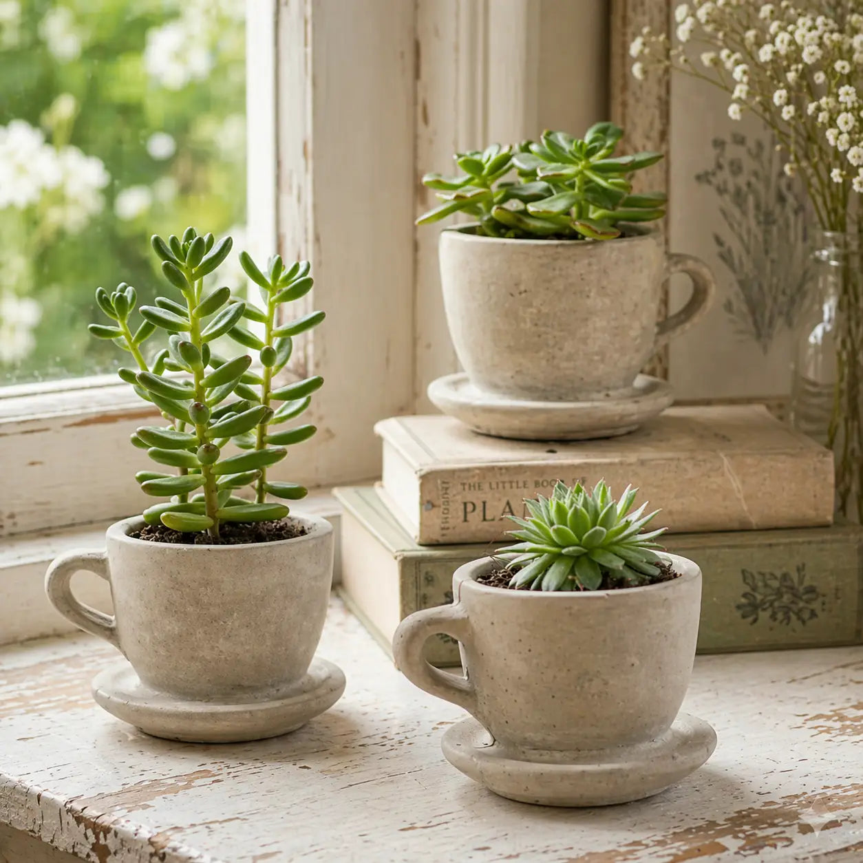 Concrete Tea Cup Planter with Attached Saucer – Cottagecore Succulent Pot