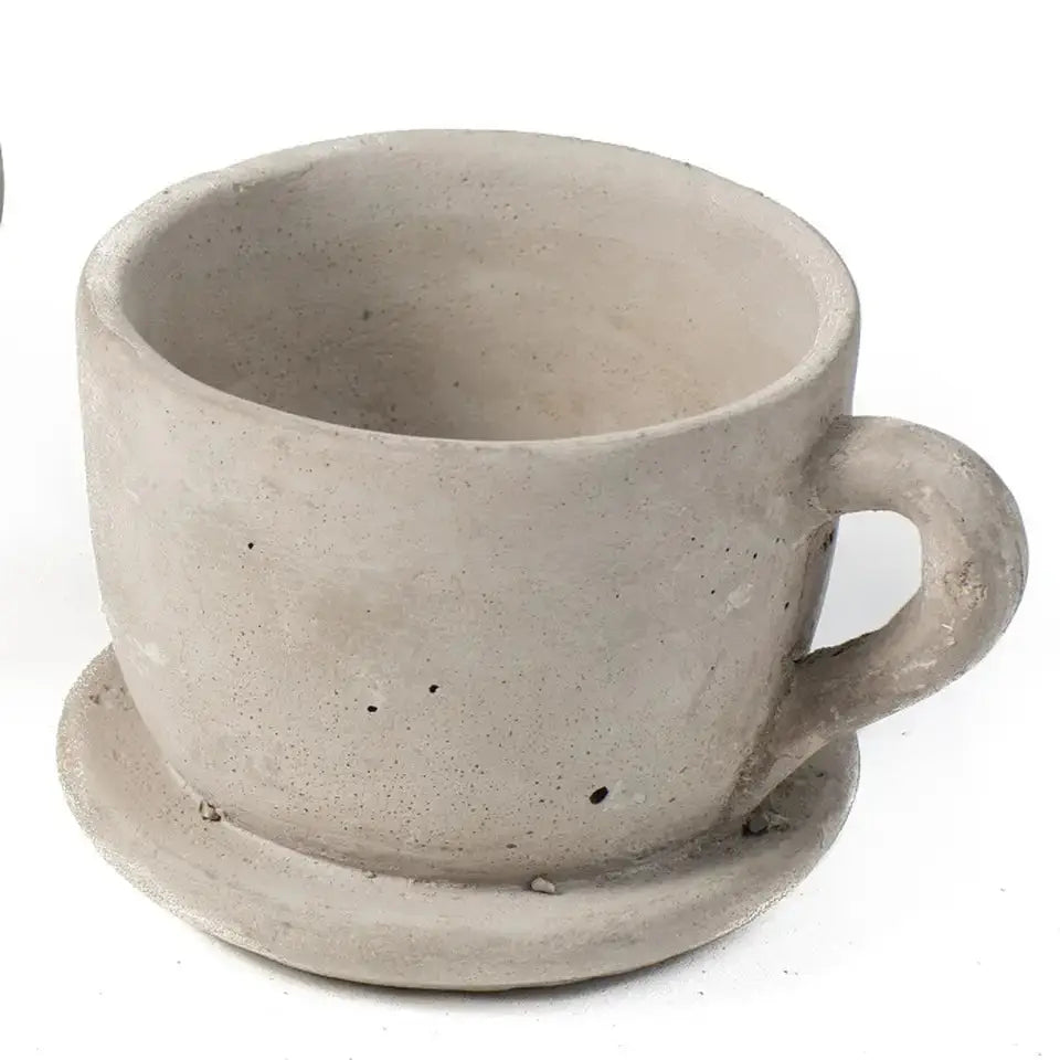 Large Cement Teacup Planter with Saucer – Cottagecore Succulent & Flower Pot