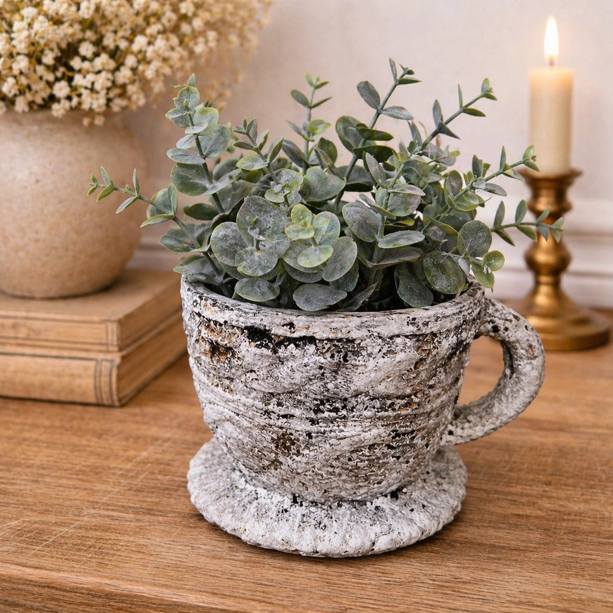 Cement Rustic Teacup Planter with Saucer – Textured Cottagecore Succulent Pot