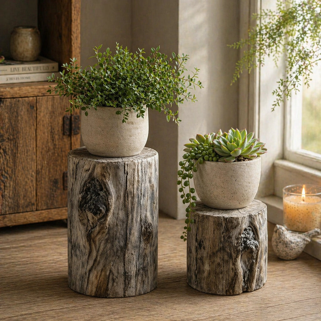 Distressed Cement Log Display Riser – Faux Wood Grain Plant Stand