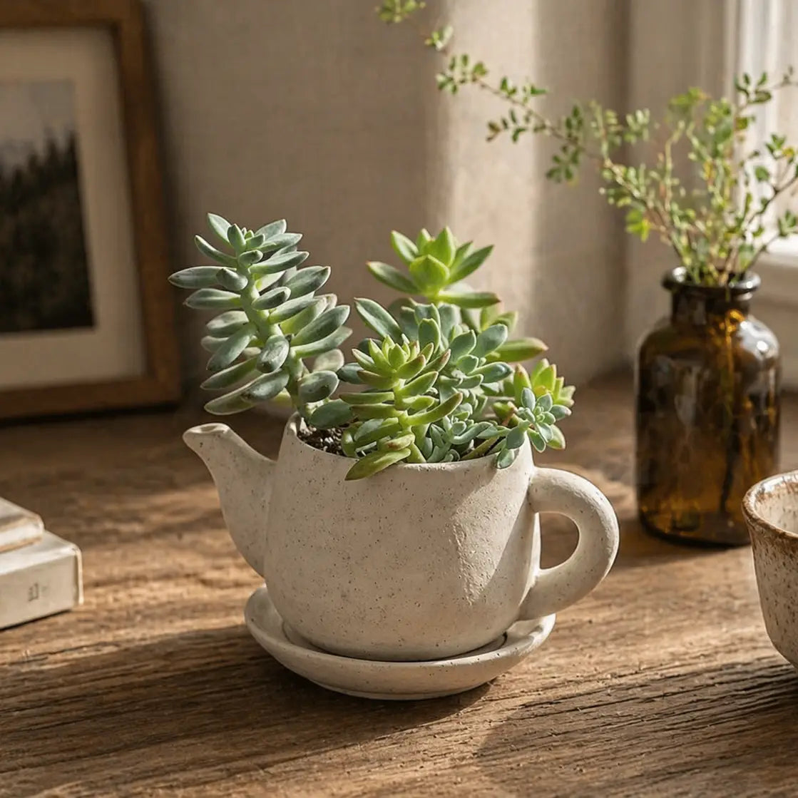 Concrete Teapot Planter with Saucer – Cement Succulent & Herb Pot