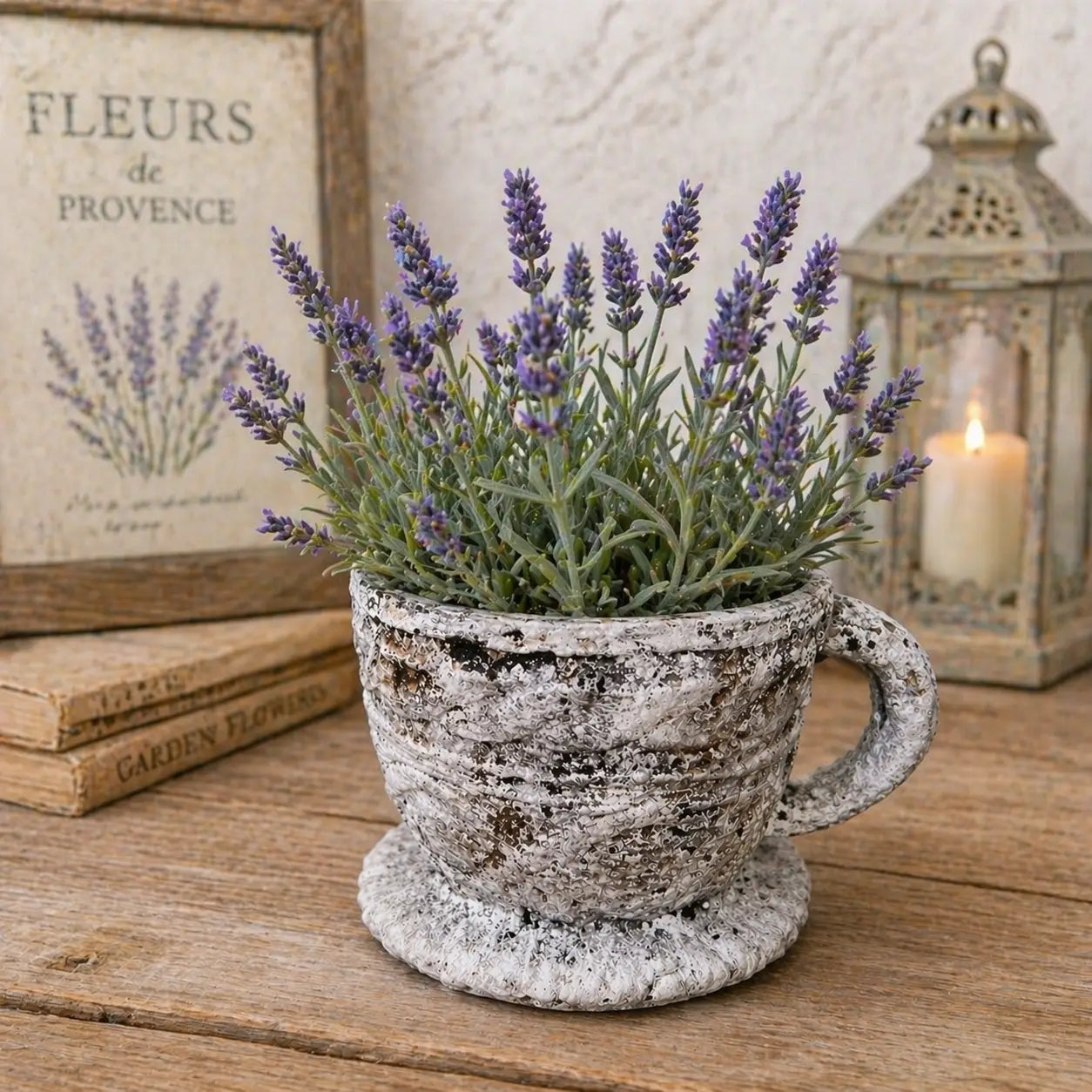 Cement Rustic Teacup Planter with Saucer – Textured Cottagecore Succulent Pot