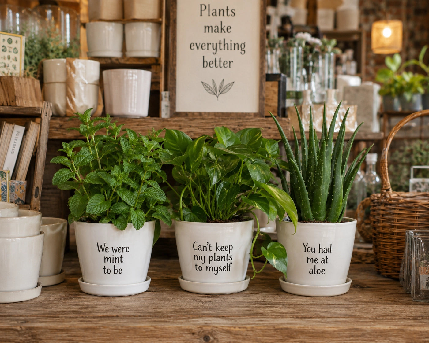 White Planters with Witty Sayings and Saucer Item